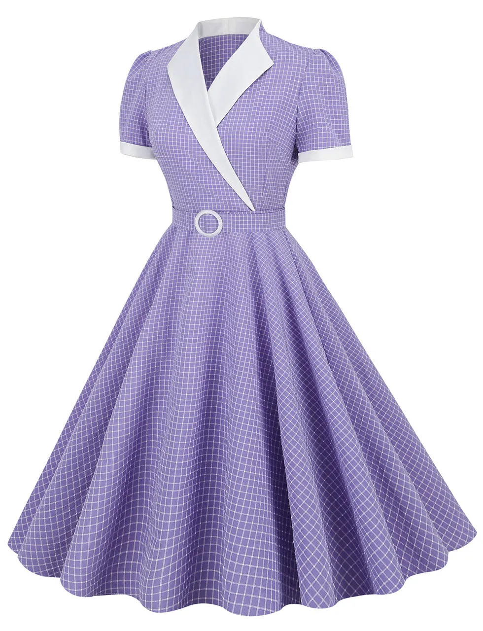 Purple Plaid V Neck Short Sleeve Swing Vintage 1950S Dress
