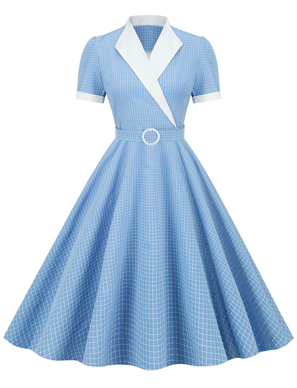 Purple Plaid V Neck Short Sleeve Swing Vintage 1950S Dress