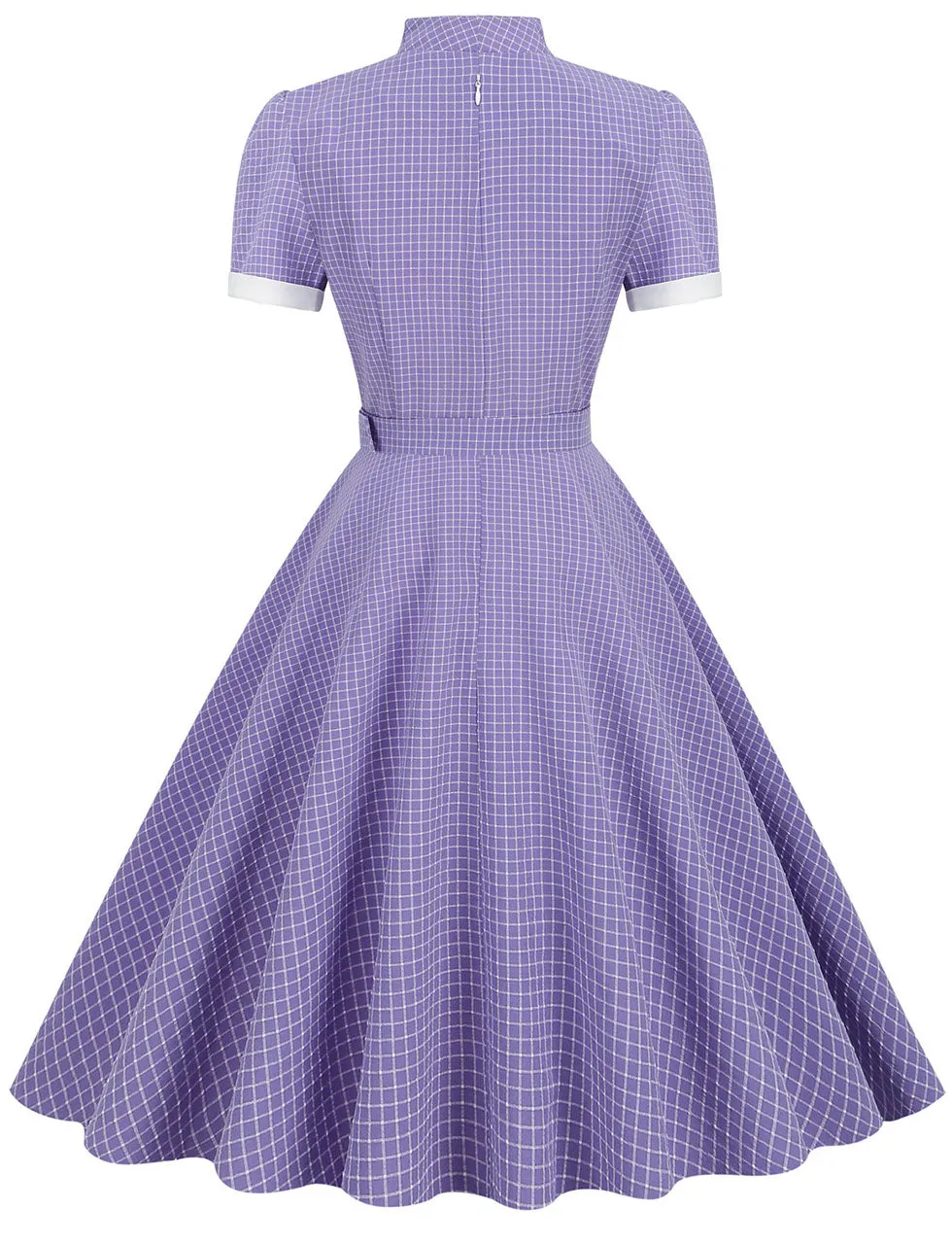 Purple Plaid V Neck Short Sleeve Swing Vintage 1950S Dress