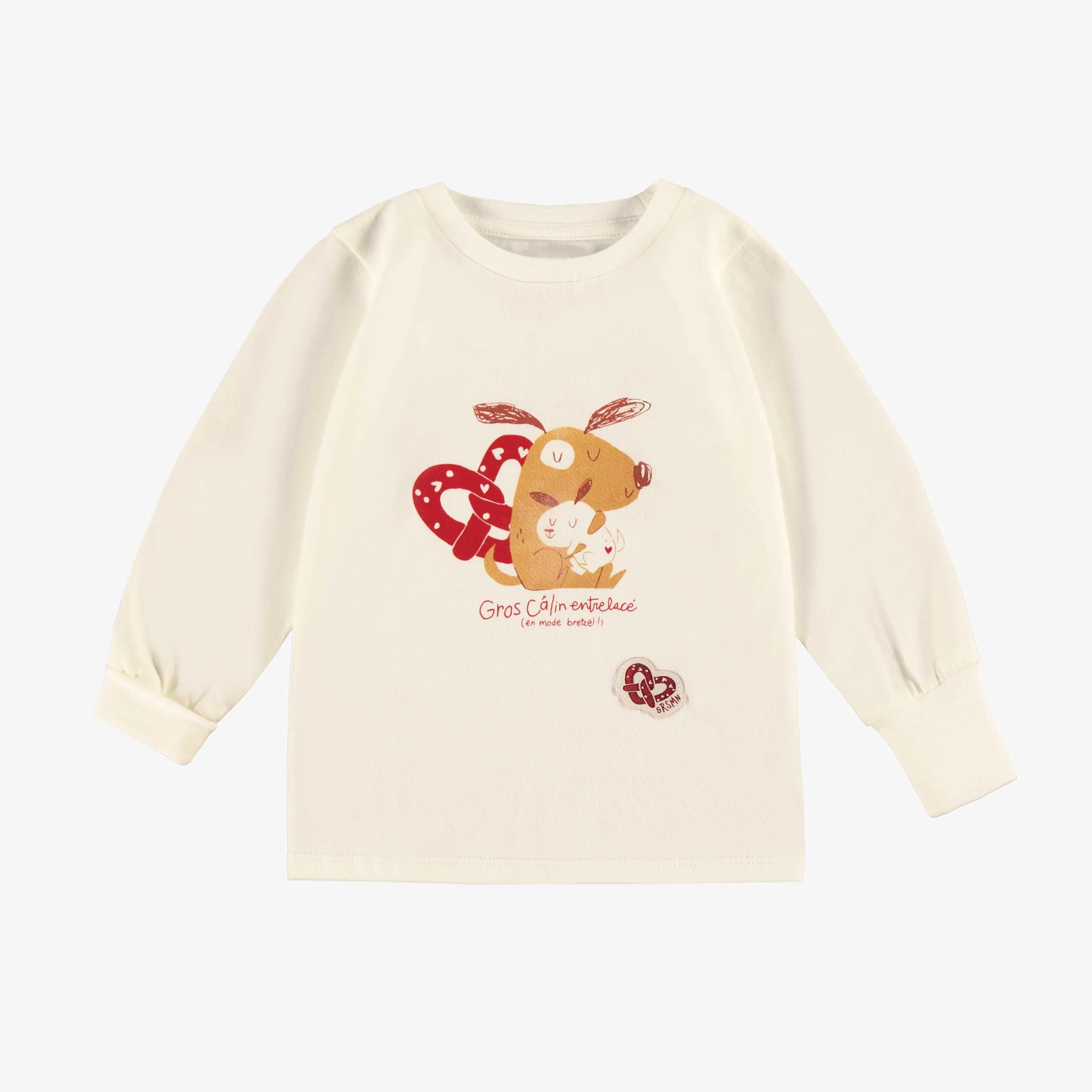 Pyjama crème et rouge à motifs Saint-Valentin, bébé||Cream and red Valentine's Day pajamas with all over print and illustration, baby