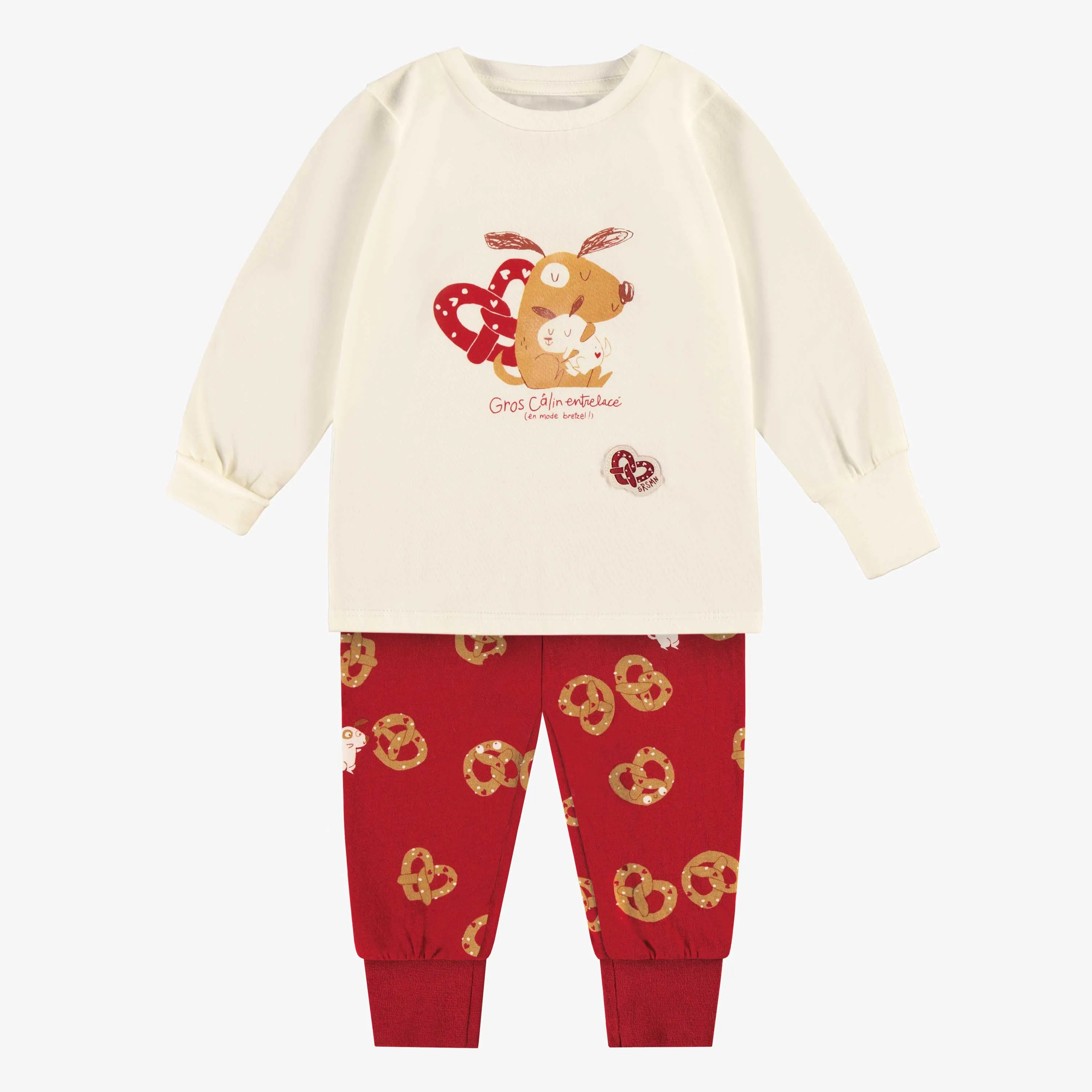 Pyjama crème et rouge à motifs Saint-Valentin, bébé||Cream and red Valentine's Day pajamas with all over print and illustration, baby