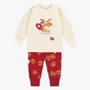 Pyjama crème et rouge à motifs Saint-Valentin, bébé||Cream and red Valentine's Day pajamas with all over print and illustration, baby