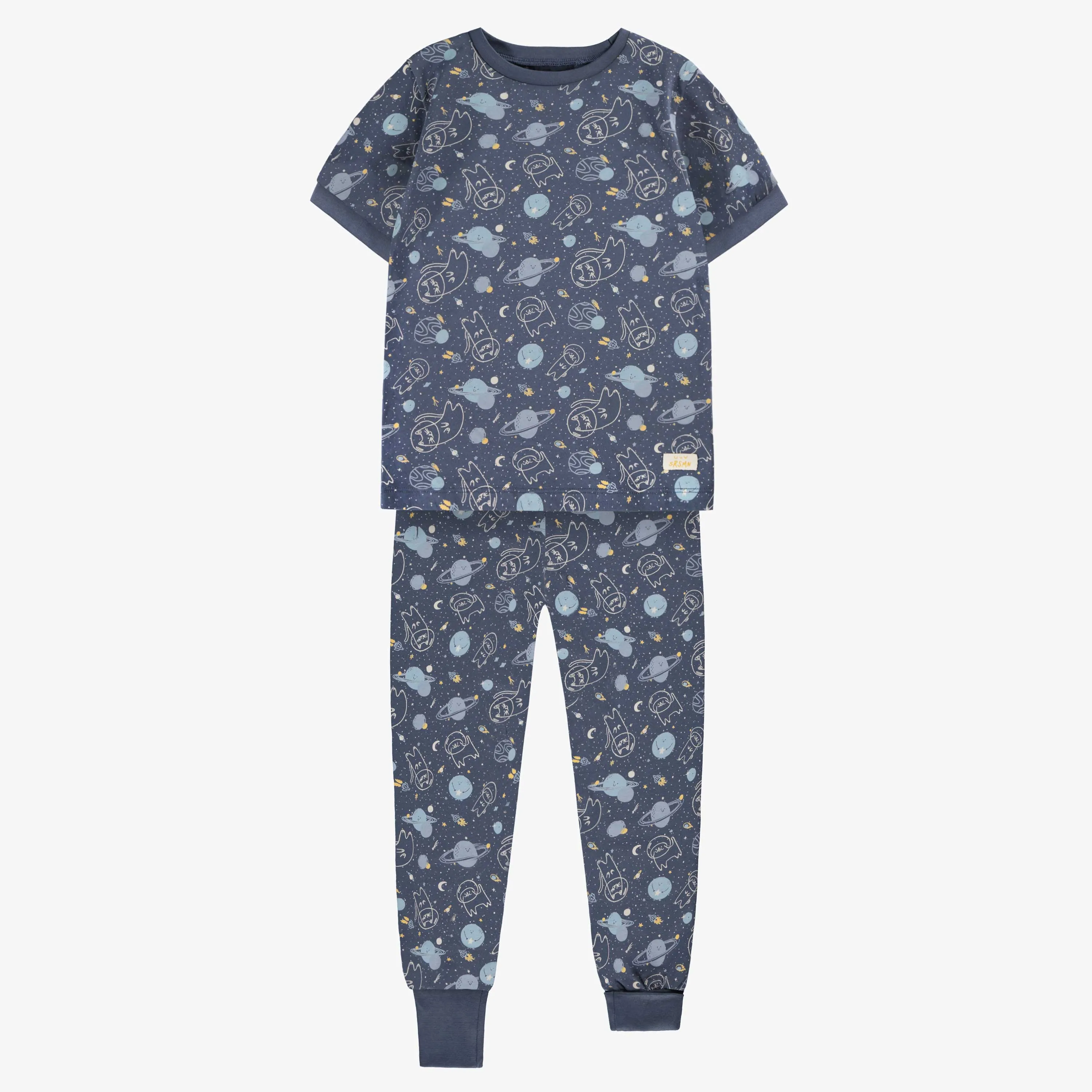 Pyjama deux pièces bleu à motifs, enfant || Two piece blue pajamas with all over print, child
