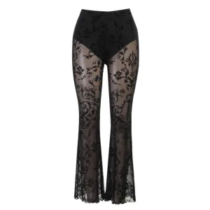 "BLACK PRINTED LACE MESH FLARED" PANTS N053104