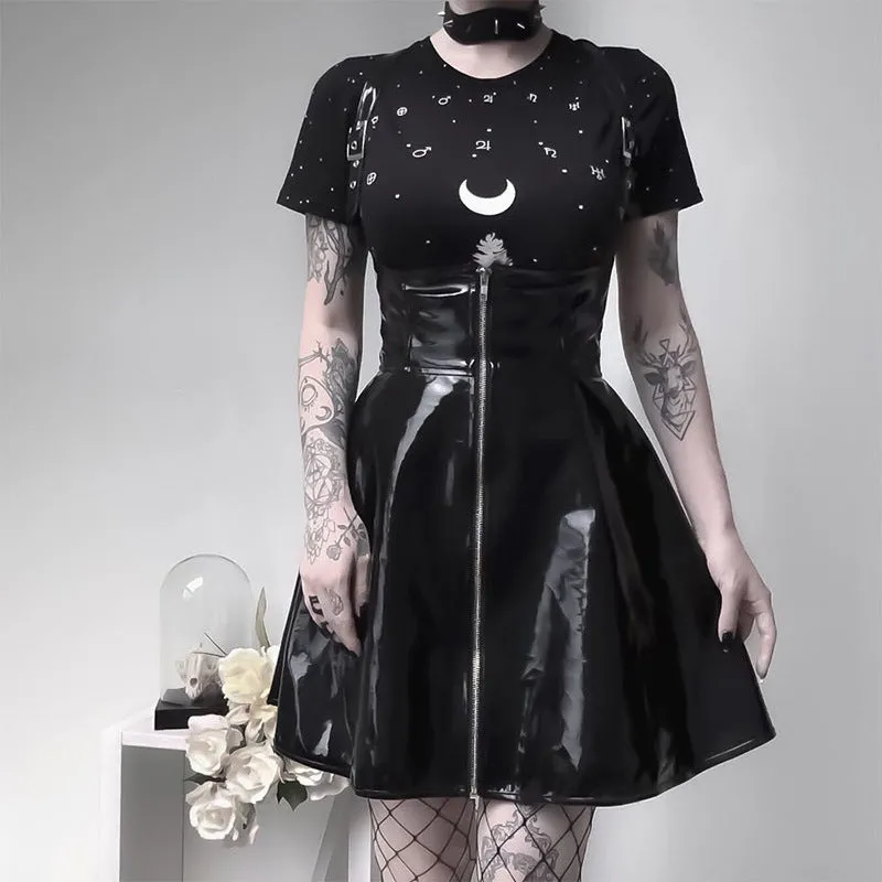 "BLACK PU LEATHER ZIPPER STRAP" DRESS UB2346