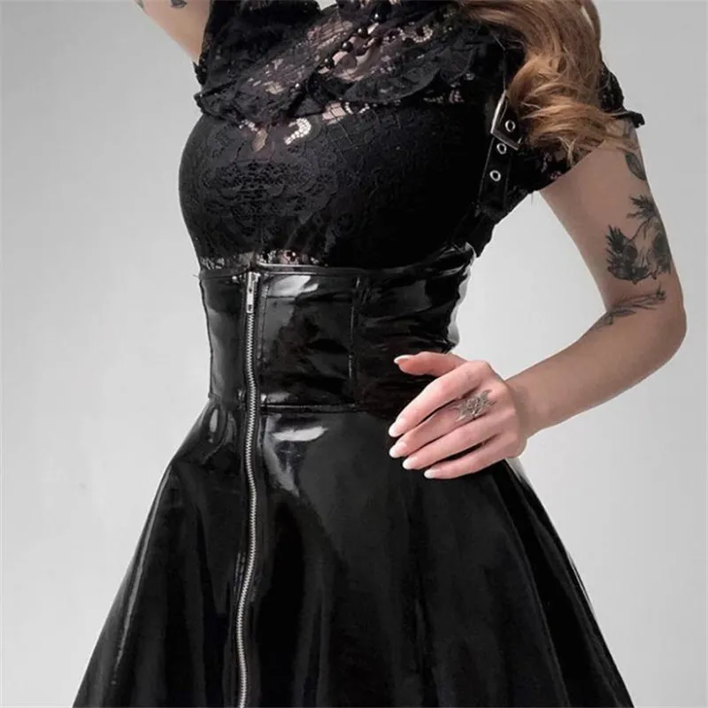 "BLACK PU LEATHER ZIPPER STRAP" DRESS UB2346