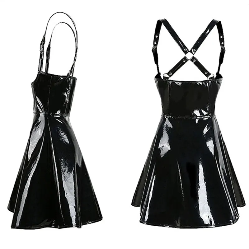 "BLACK PU LEATHER ZIPPER STRAP" DRESS UB2346
