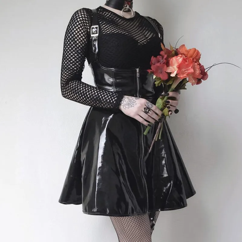 "BLACK PU LEATHER ZIPPER STRAP" DRESS UB2346