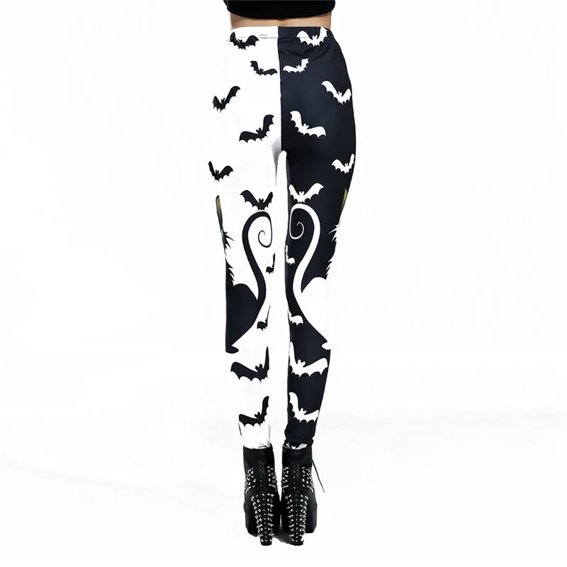 "BLACK WHITE STITCHING CAT BAT PRINT" LEGGINGS N042705