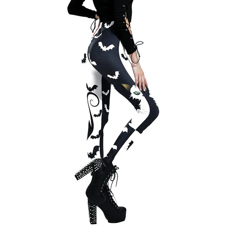 "BLACK WHITE STITCHING CAT BAT PRINT" LEGGINGS N042705