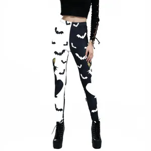 "BLACK WHITE STITCHING CAT BAT PRINT" LEGGINGS N042705