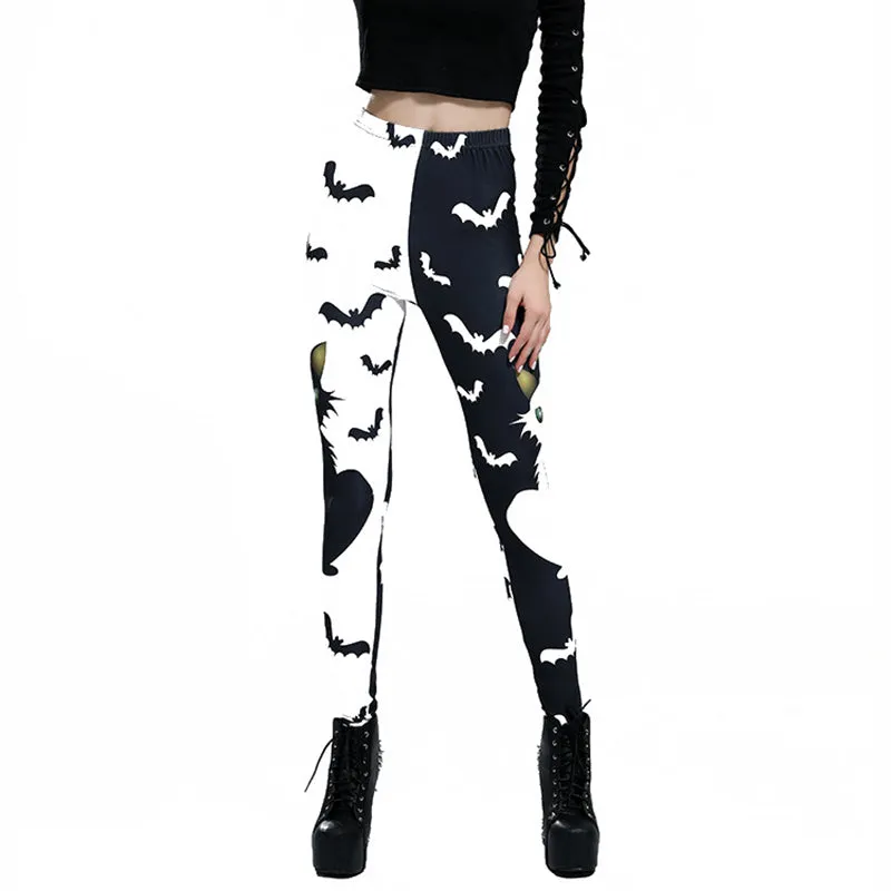 "BLACK WHITE STITCHING CAT BAT PRINT" LEGGINGS N042705