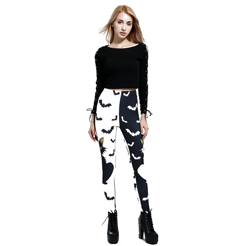 "BLACK WHITE STITCHING CAT BAT PRINT" LEGGINGS N042705