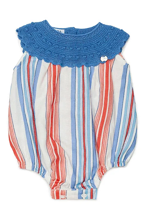 "Hayden" Dusky Blue & Red Half Knit Striped Romper