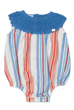 "Hayden" Dusky Blue & Red Half Knit Striped Romper