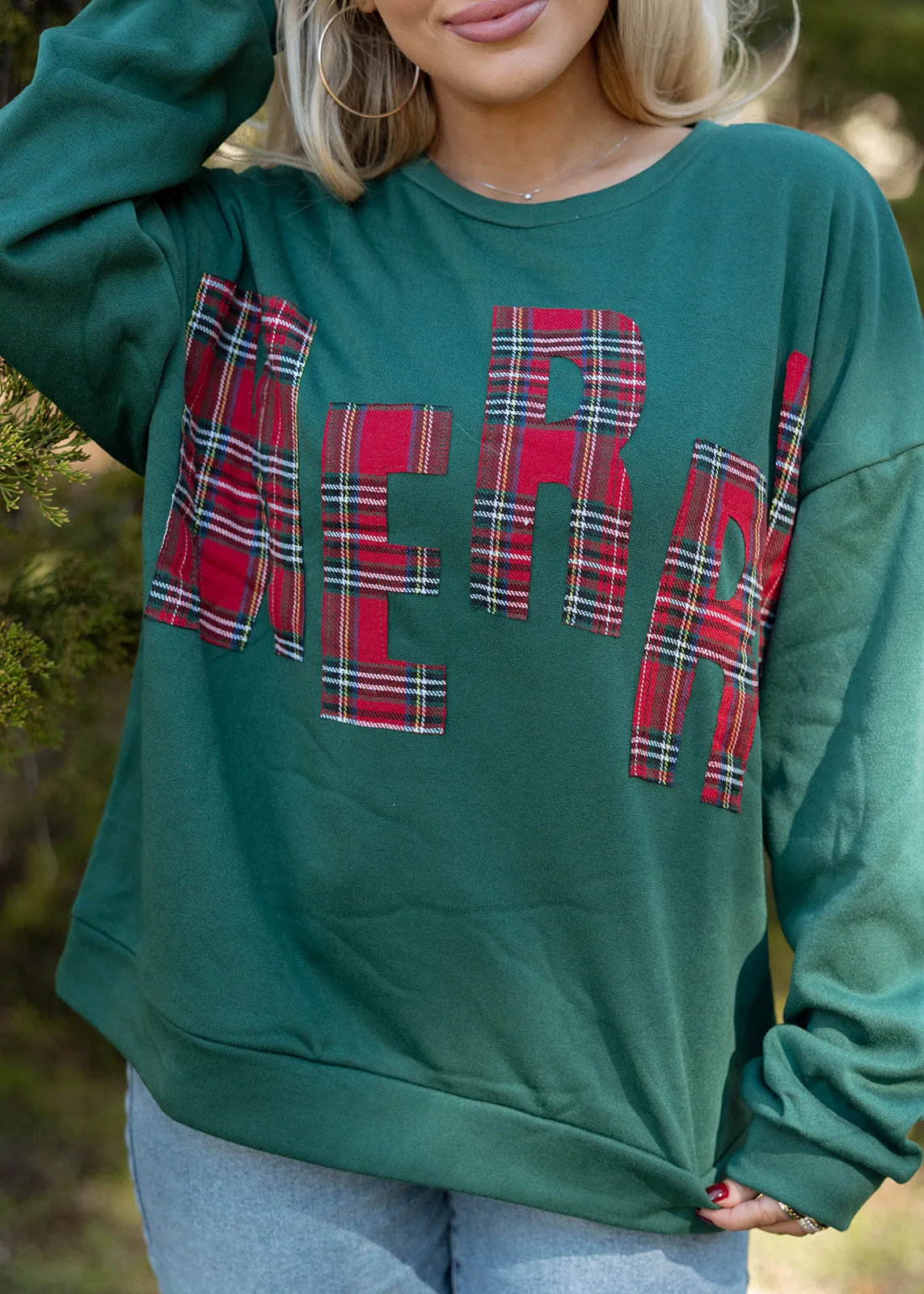"MERRY" Plaid Green Pullover Top