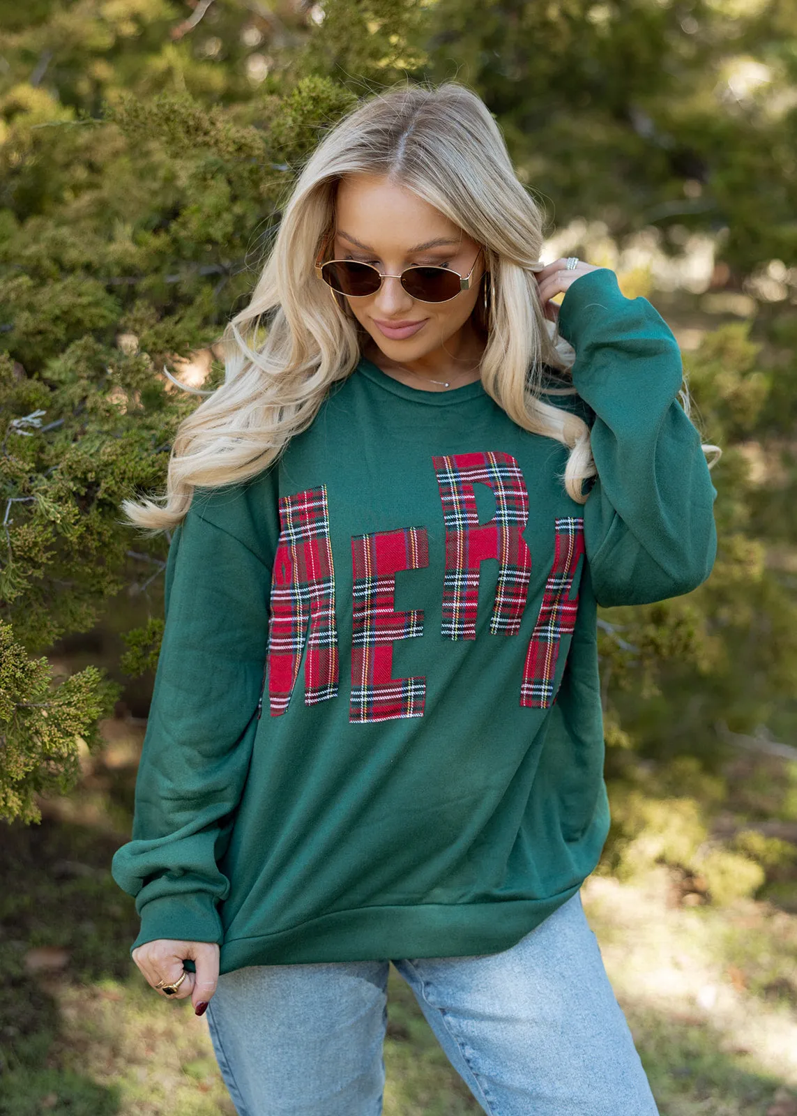 "MERRY" Plaid Green Pullover Top