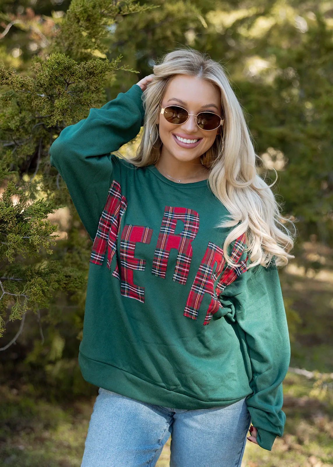 "MERRY" Plaid Green Pullover Top