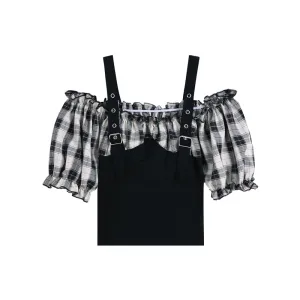 "OFF SHOULDER PLAID METAL BUTTON" TEE D052614