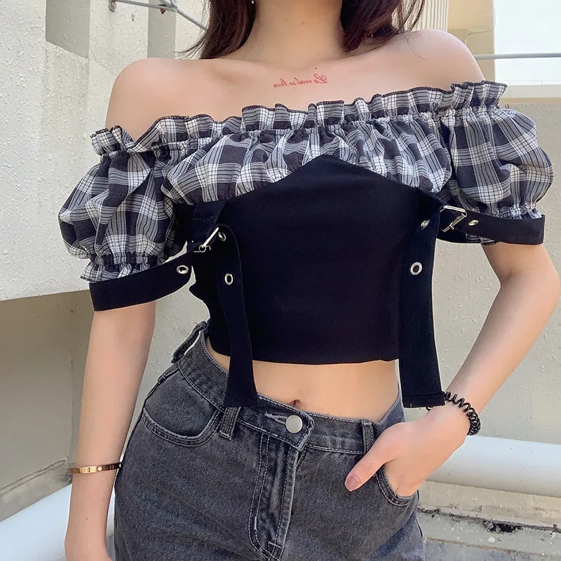 "OFF SHOULDER PLAID METAL BUTTON" TEE D052614