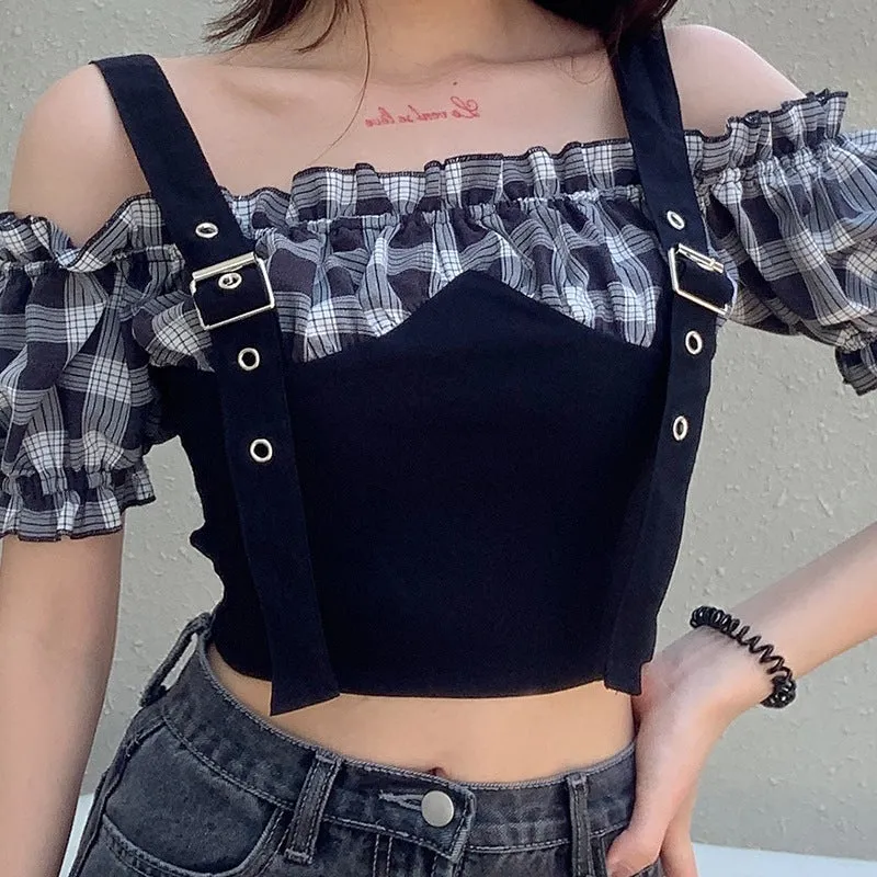 "OFF SHOULDER PLAID METAL BUTTON" TEE D052614