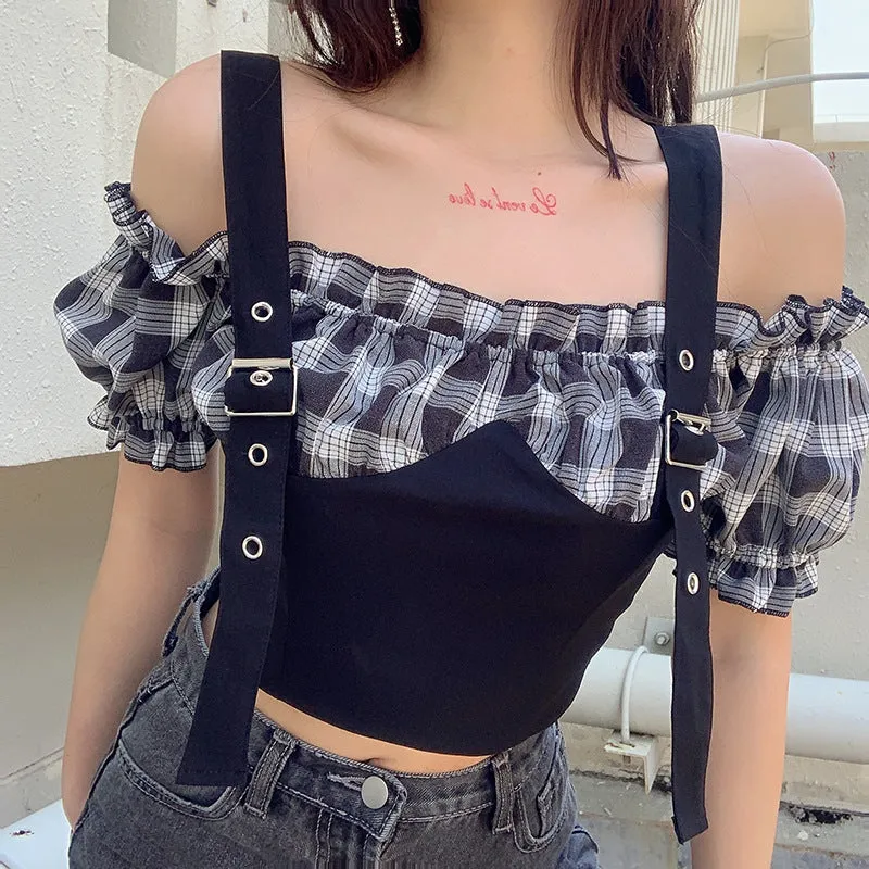 "OFF SHOULDER PLAID METAL BUTTON" TEE D052614