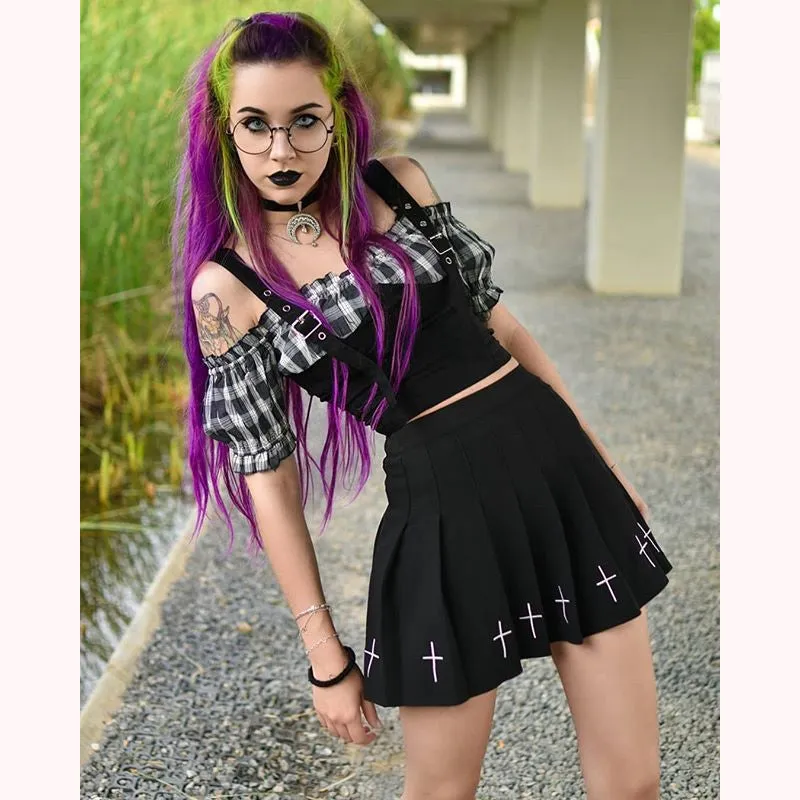 "OFF SHOULDER PLAID METAL BUTTON" TEE D052614