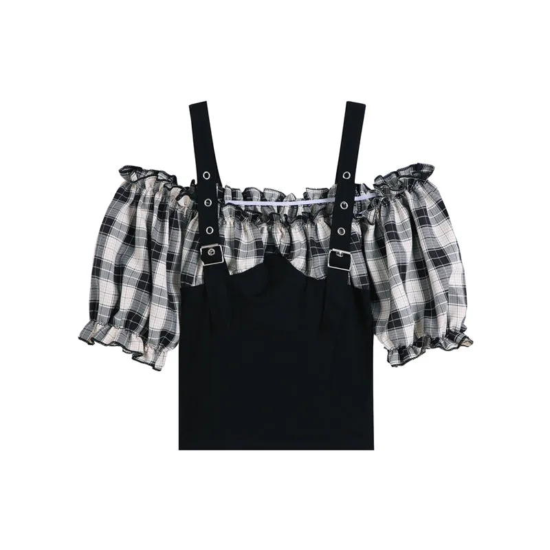 "OFF SHOULDER PLAID METAL BUTTON" TEE D052614