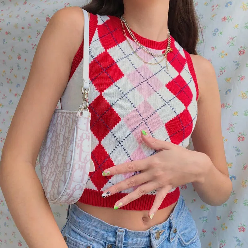 "RED DIAMOND CHECK SWEATER" CROP VEST N103004