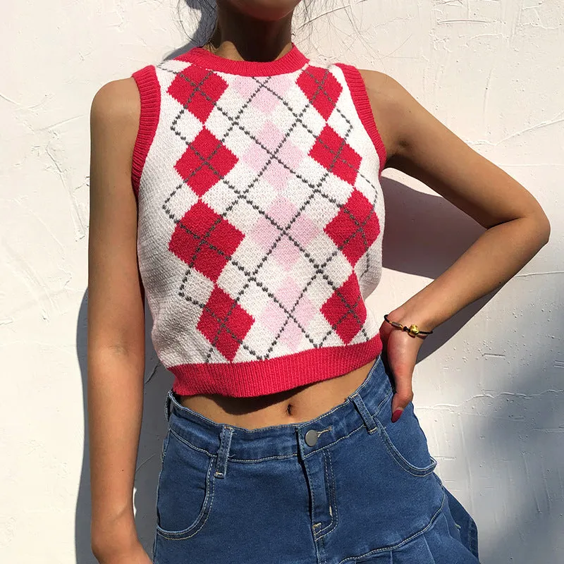"RED DIAMOND CHECK SWEATER" CROP VEST N103004
