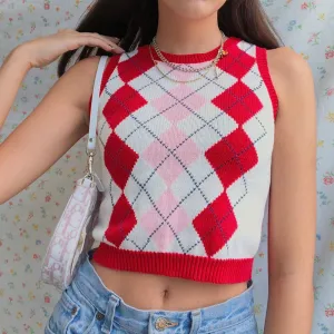 "RED DIAMOND CHECK SWEATER" CROP VEST N103004