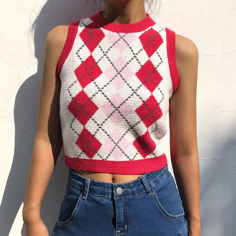 "RED DIAMOND CHECK SWEATER" CROP VEST N103004