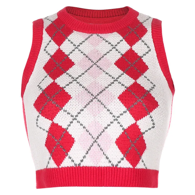 "RED DIAMOND CHECK SWEATER" CROP VEST N103004