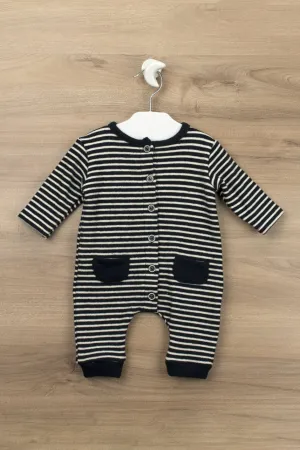 "Reuben" Navy Brushed Cotton Striped Romper
