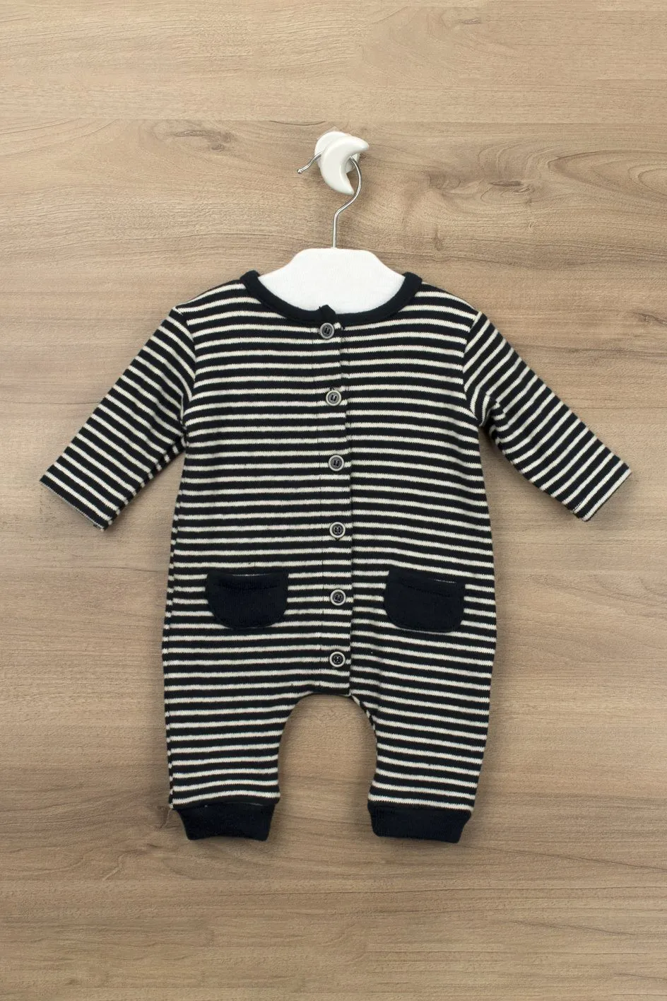 "Reuben" Navy Brushed Cotton Striped Romper