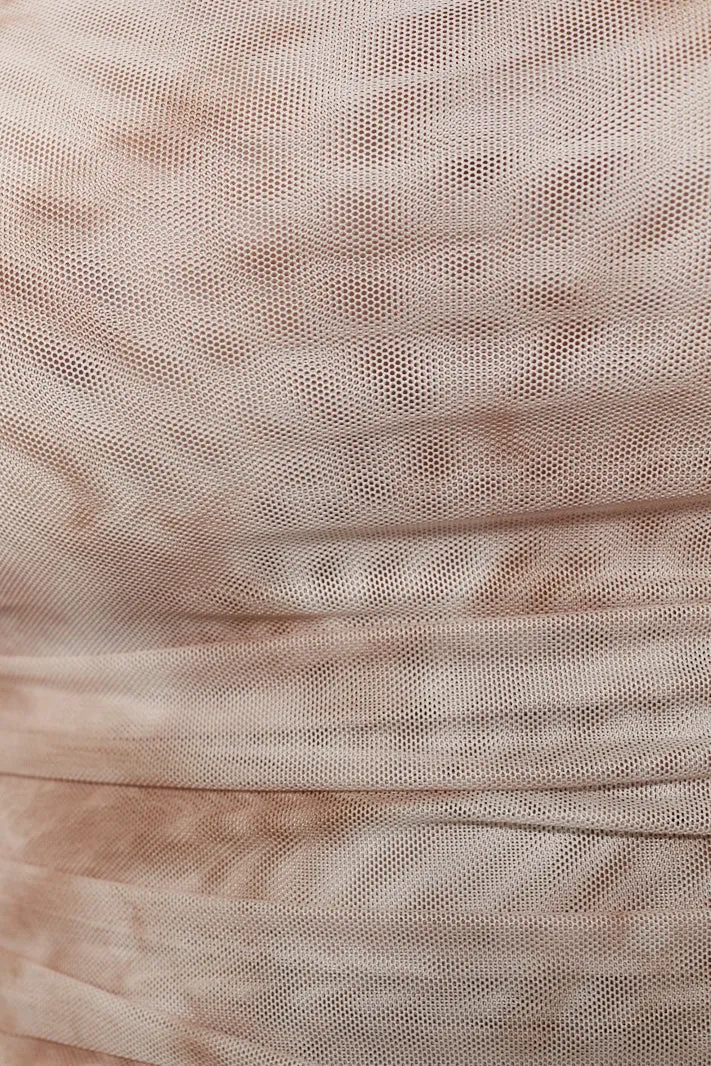 RAIVE OFF SHOULDER MESH CROP TOP - Beige Cream Print