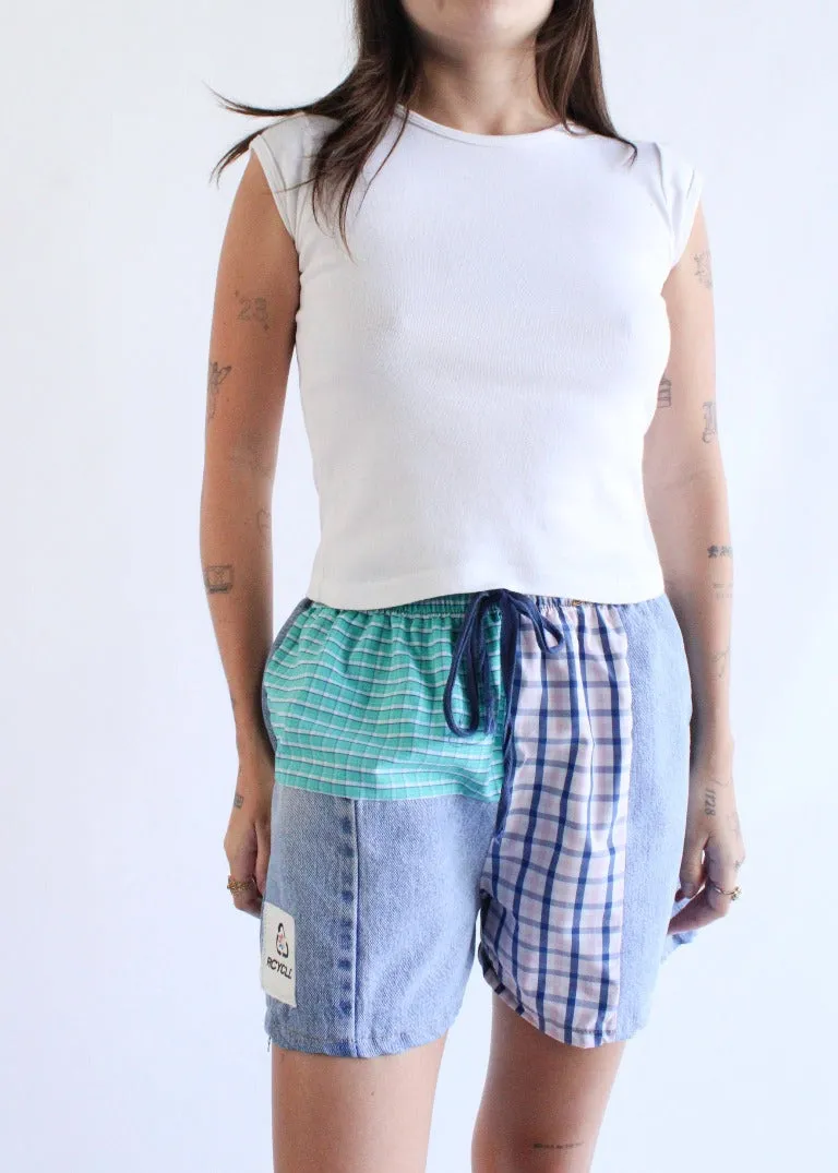 RCYCLD Plaid x Denim Combo Pieced Shorts