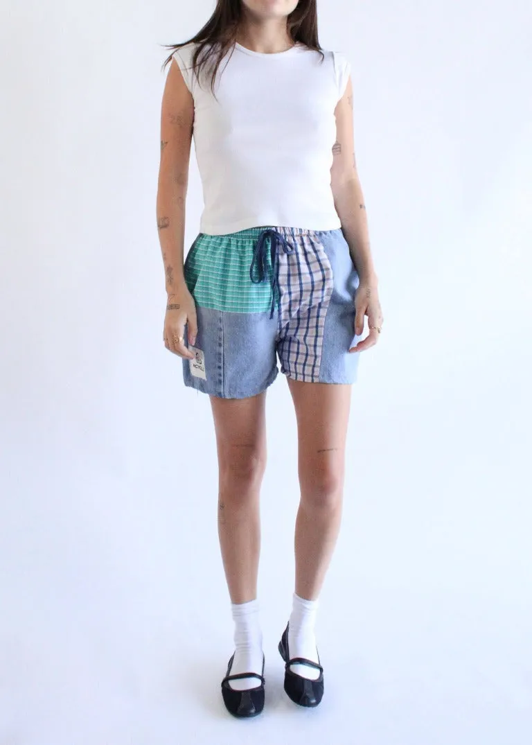 RCYCLD Plaid x Denim Combo Pieced Shorts