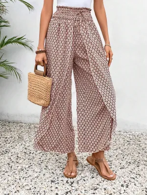 Red Bohemian Print Slit Wide Leg Smocked High Waist Pants