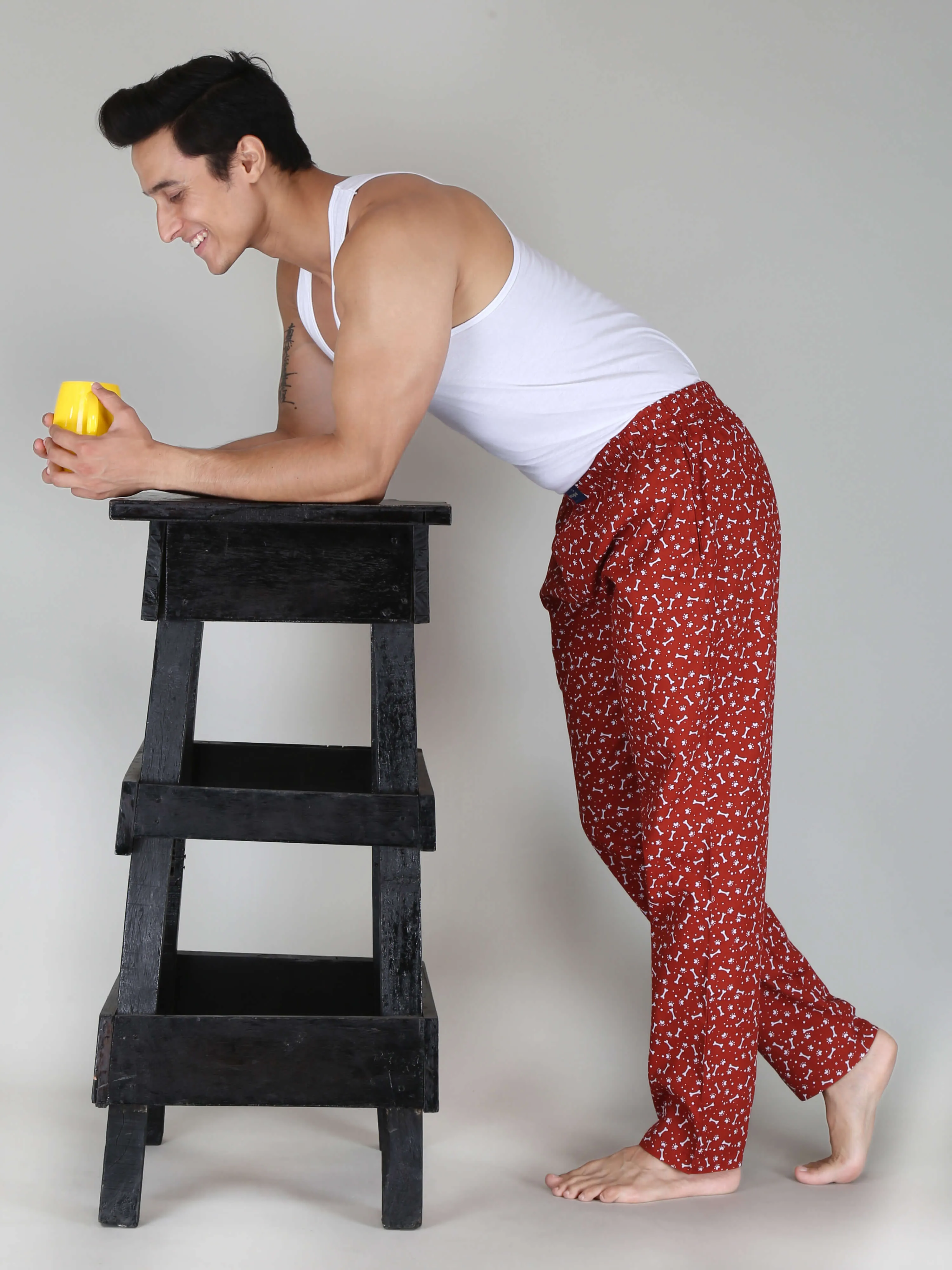 Red Bone Printed Cotton Pajamas For Men