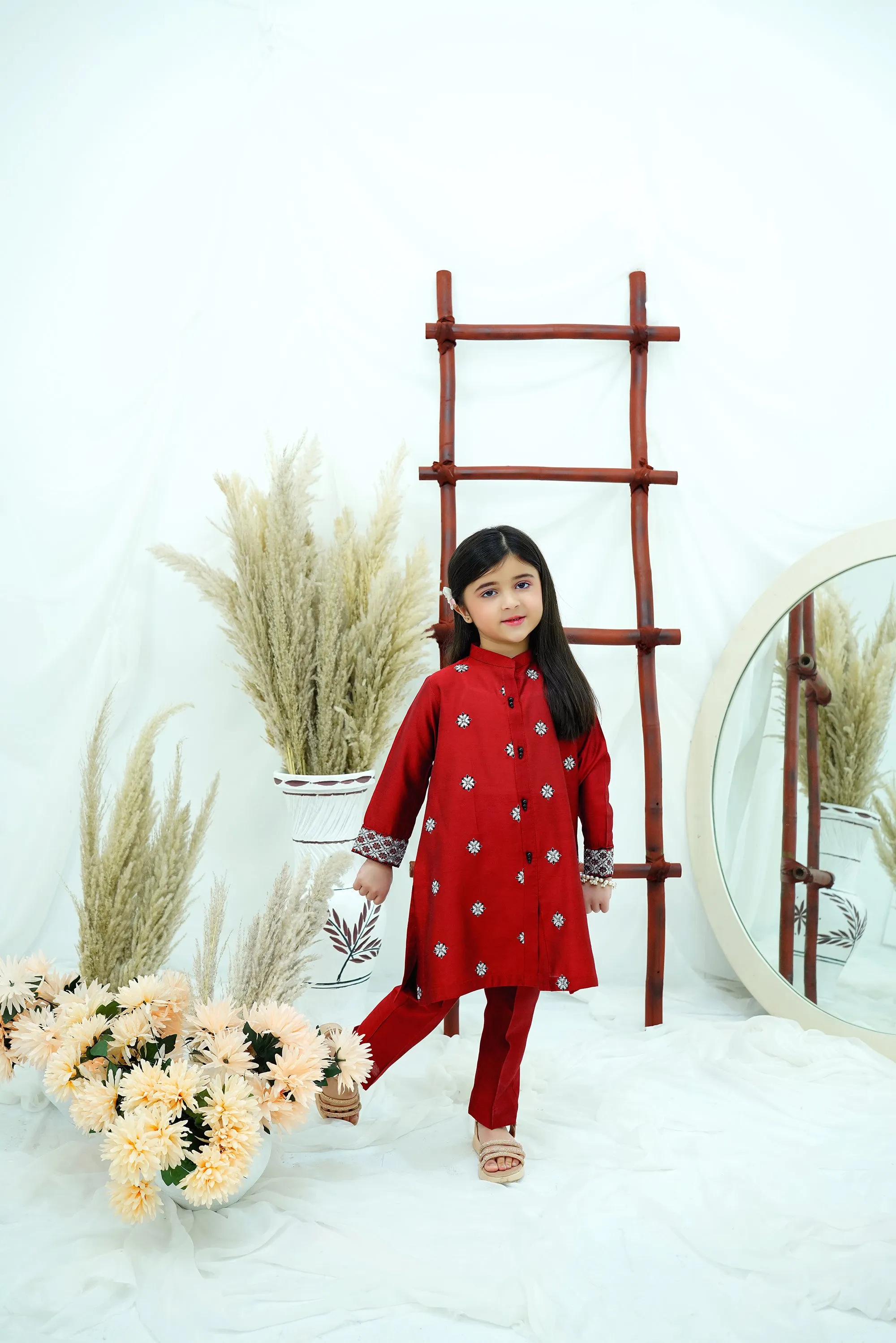Red Embroidered Cotton Silk