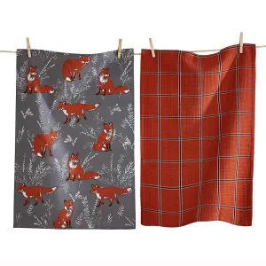 Red Fox and Sprigs Kitchen Towel Set of 2