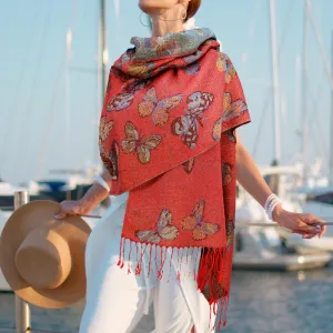 Red Metallic Butterfly Printed Pashmina Scarf Shawl