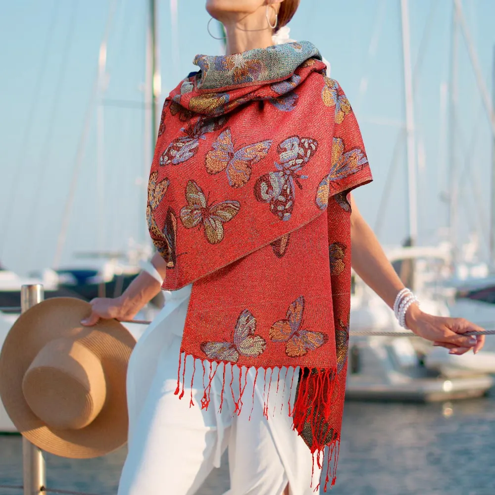 Red Metallic Butterfly Printed Pashmina Scarf Shawl