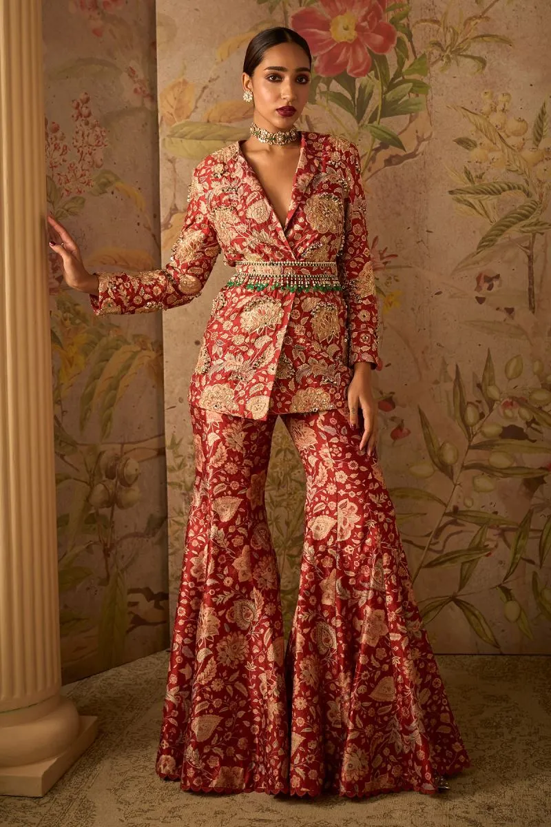 Red ochre printed icon jacket set