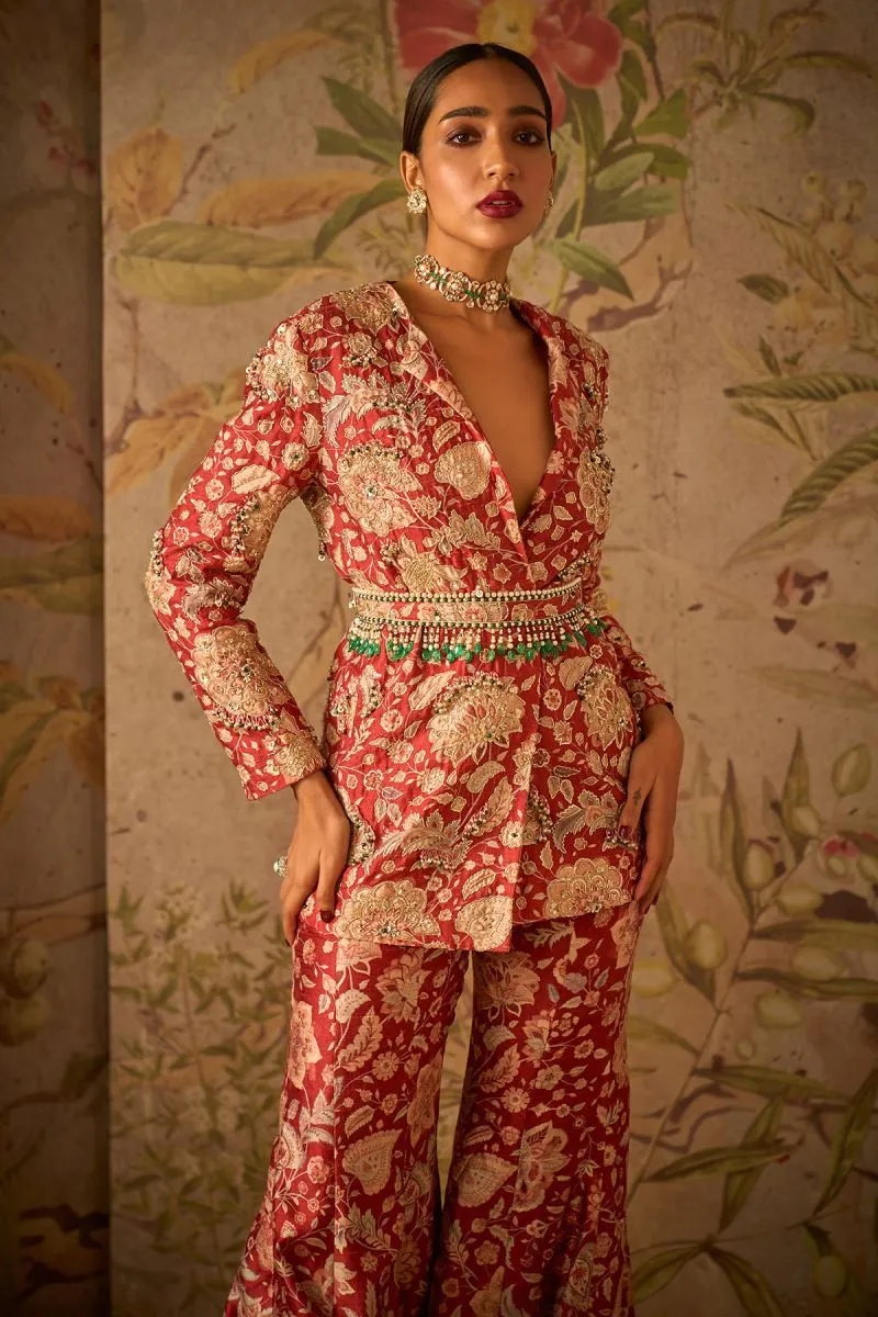 Red ochre printed icon jacket set