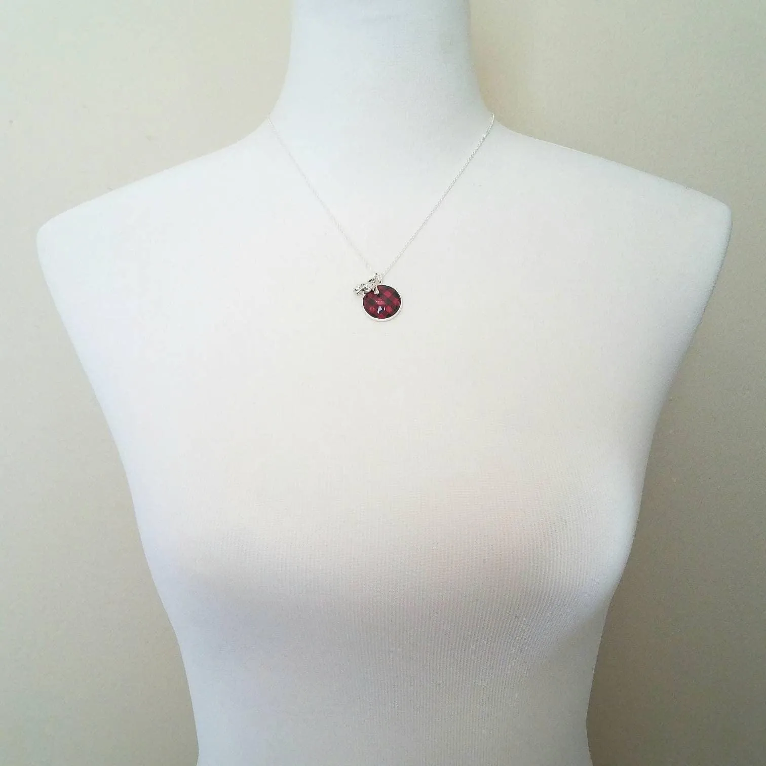 Red Plaid Necklace - buffalo check/bear charm lodge pendant - black plaid flannel - Christmas holiday jewelry stocking stuffer gift