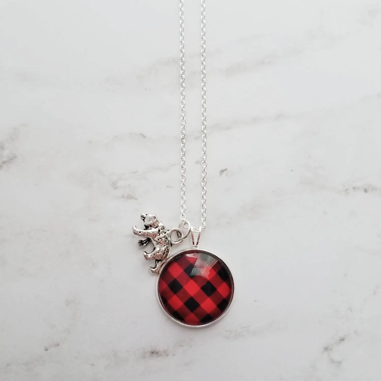 Red Plaid Necklace - buffalo check/bear charm lodge pendant - black plaid flannel - Christmas holiday jewelry stocking stuffer gift