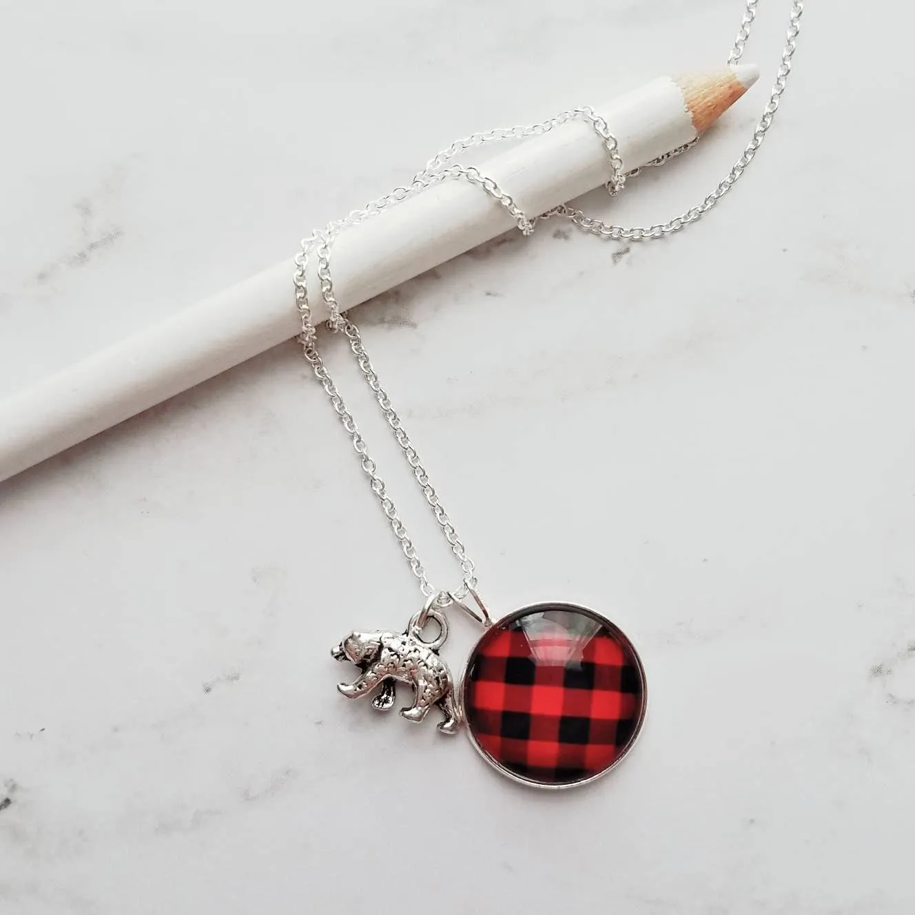 Red Plaid Necklace - buffalo check/bear charm lodge pendant - black plaid flannel - Christmas holiday jewelry stocking stuffer gift