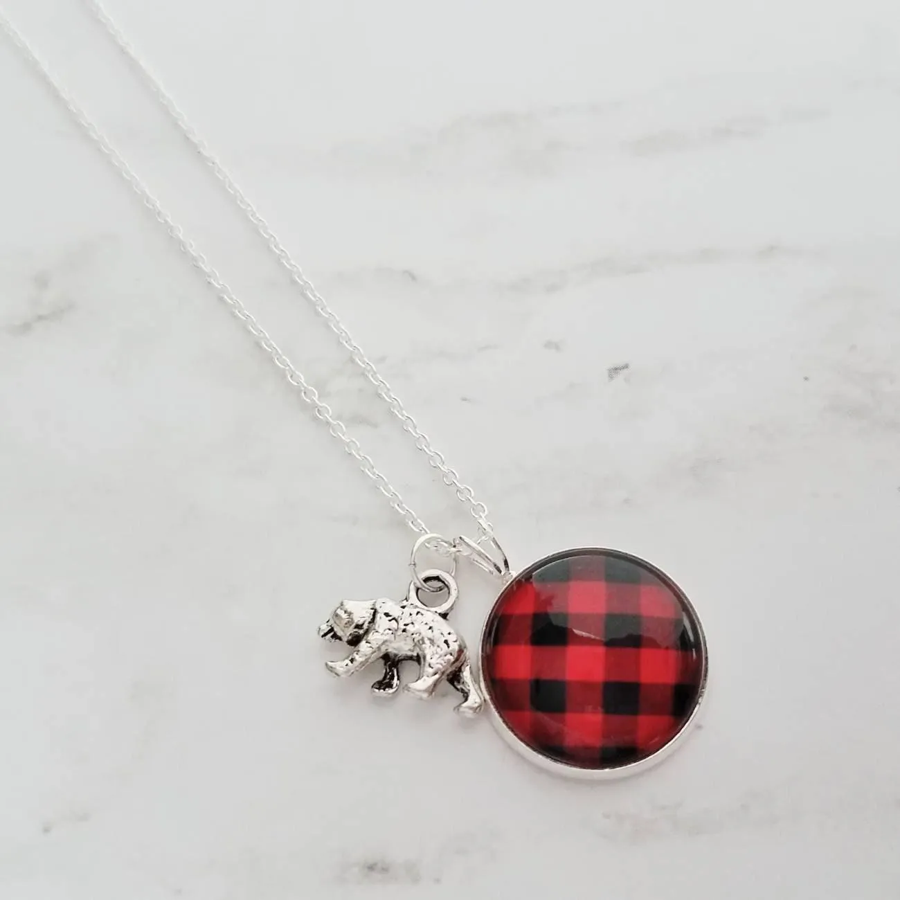 Red Plaid Necklace - buffalo check/bear charm lodge pendant - black plaid flannel - Christmas holiday jewelry stocking stuffer gift